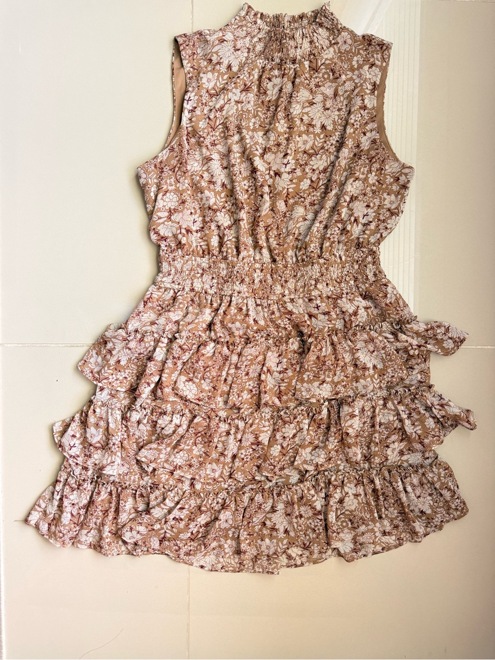 Express Floral Tiered Ruffle Mini Dress Smocked Mock Neck Size L